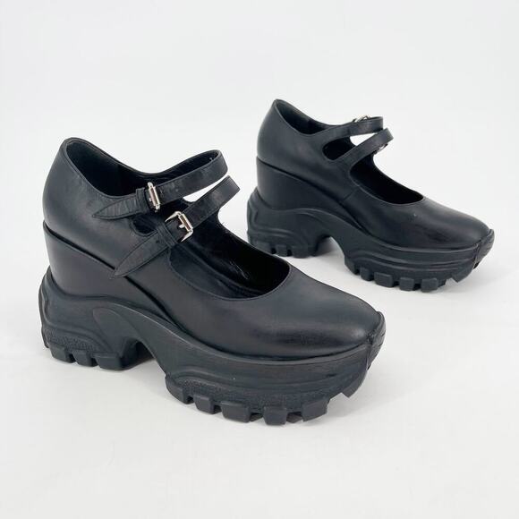 Miu Miu Black Leather Double Mary Jane Platform Wedge Sneakers size IT 39 - Picture 2 of 14